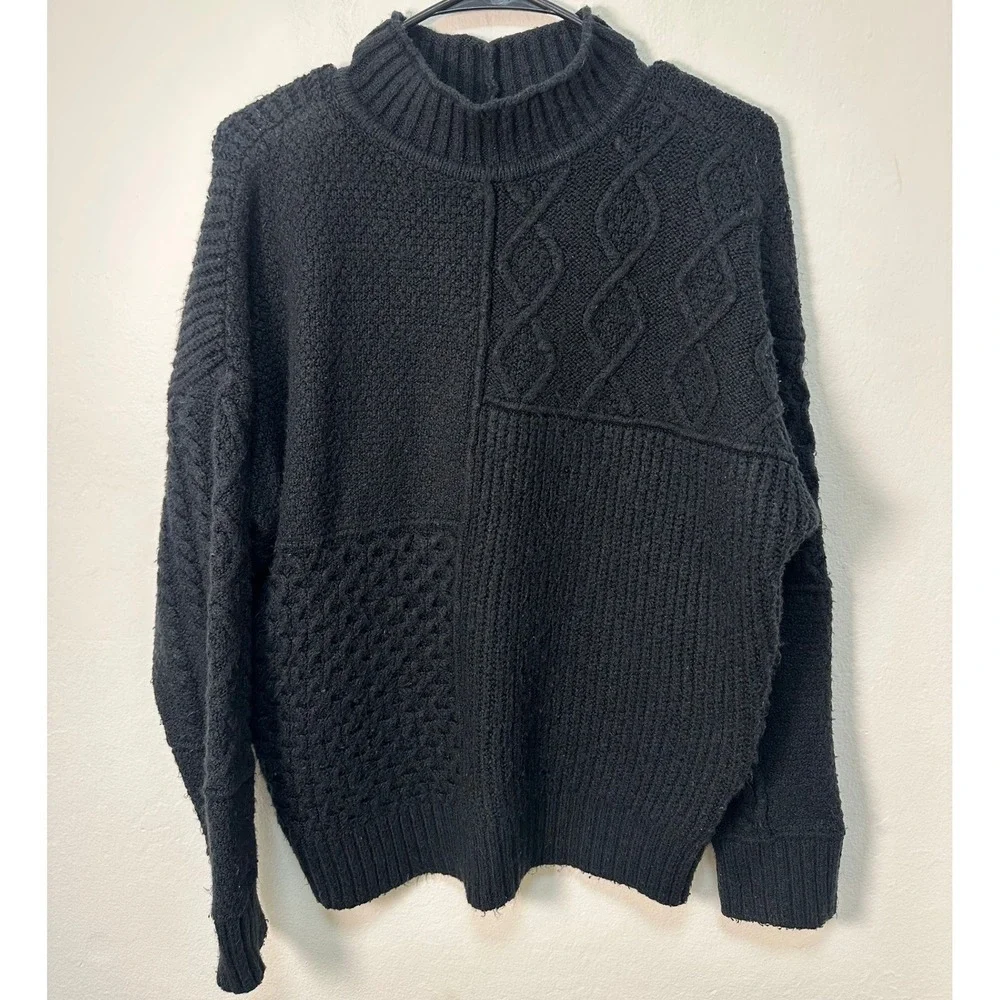 VTG American Eagle Mock Neck Patchwork Knit Sweater Black M Ribbed Cable Knit